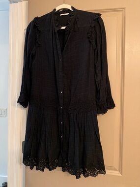 Ulla Johnson Black Long-Sleeve Lace-Trim Button-Front Dress